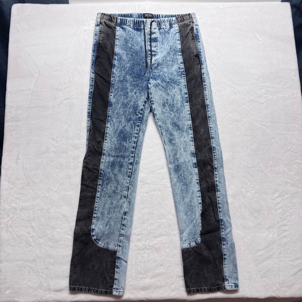 BoohooMAN Mens Acid Wash Denim Joggers Pants Elastic Waist Drawstring‎ Size S
